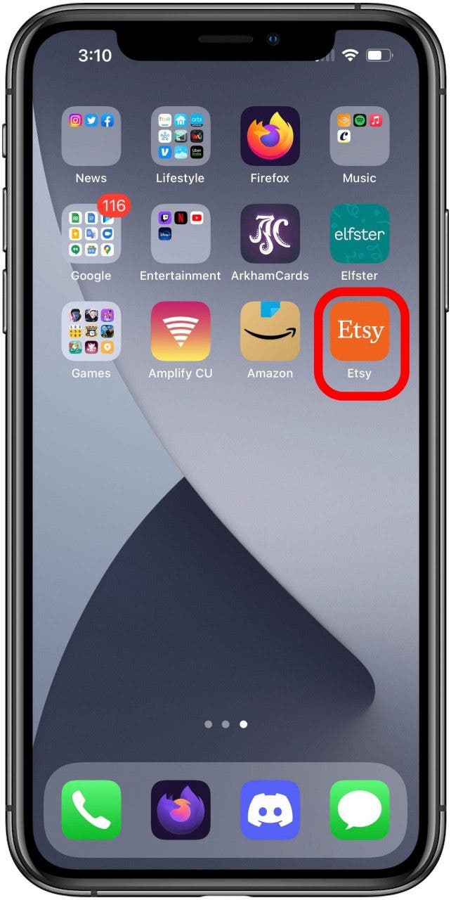 Startbildschirm mit markierter Etsy-App.