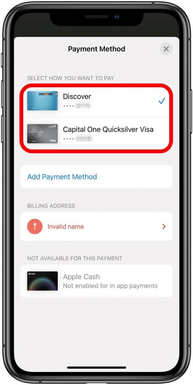 Bildschirm „Zahlungsmethoden“ in der Etsy-App, auf dem beide Zahlungsmethoden markiert sind.