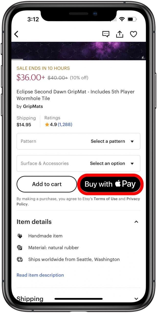 Etsy-Kaufbildschirm mit markierter Schaltfläche „Mit Apple Pay kaufen“.