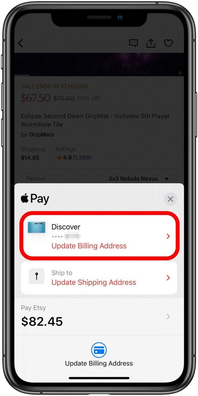 Apple Pay-Bildschirm in der Etsy-App mit markierter Discover-Standardzahlungsmethode.