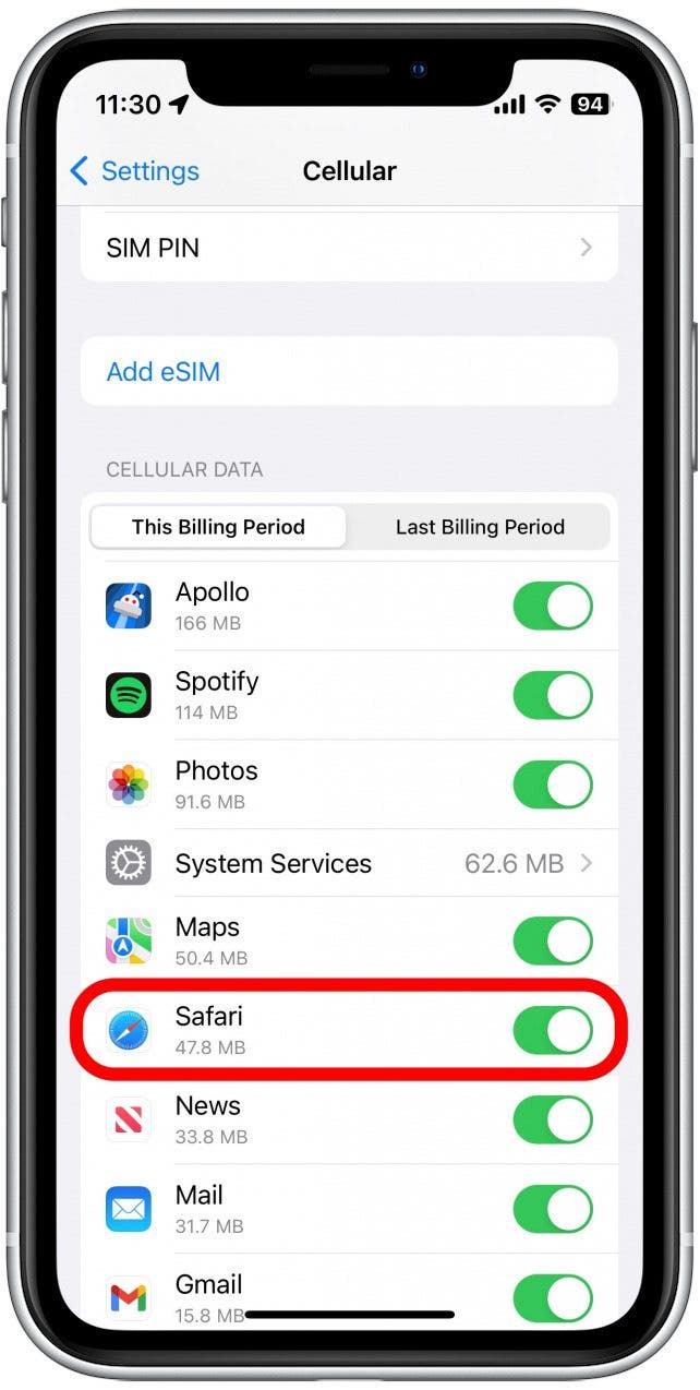 Wenn der Schalter grau ist, bedeutet dies, dass mobile Daten für Safari deaktiviert sind.  Tippen Sie darauf, um es einzuschalten.