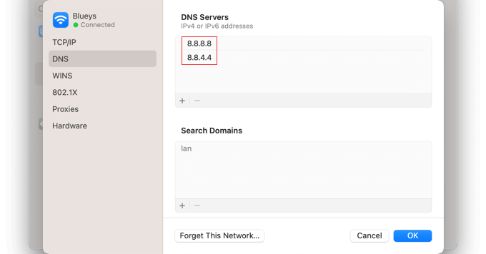 Fügen Sie die Adressen für die DNS-Server von Google hinzu