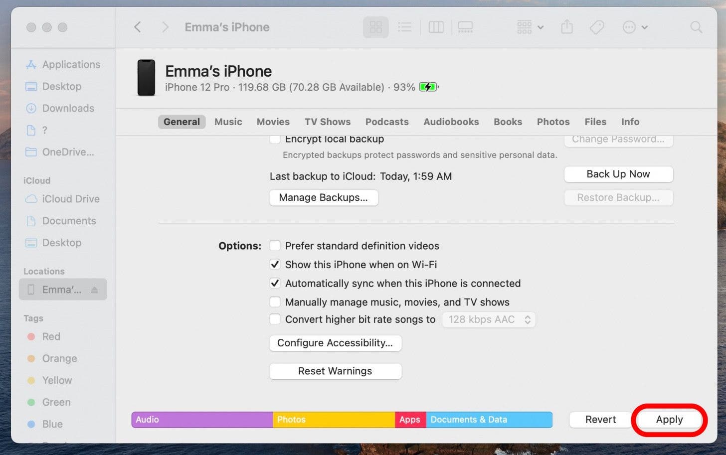 Wenden Sie die Einstellungen an, um das iPhone mit dem Mac zu synchronisieren