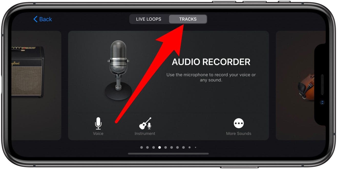 Tippen Sie unter Tracks auf Audio Recorder oder wählen Sie ein beliebiges Instrument aus. 