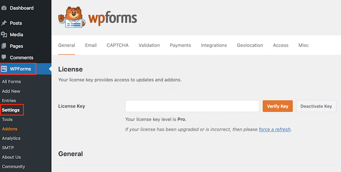 Eingabe des WPForms-Lizenzschlüssels