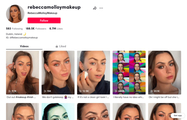 TikTok-Profil der Maskenbildnerin Rebecca Malloy aus Dublin