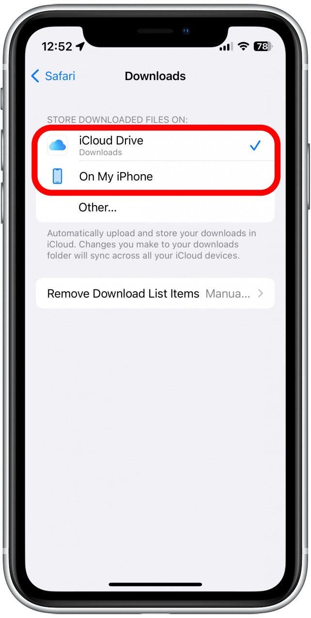 Hier können Sie wählen, ob Sie Ihren Downloads-Ordner auf Ihrem iPhone oder in iCloud Drive speichern möchten.