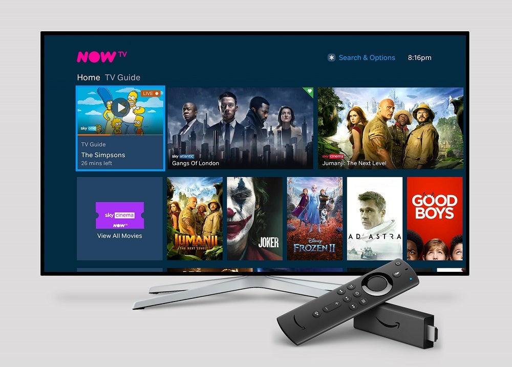 Ein schwarz-silberner Fernseher auf weißem Hintergrund, auf dem der Startbildschirm von NOW TV angezeigt wird