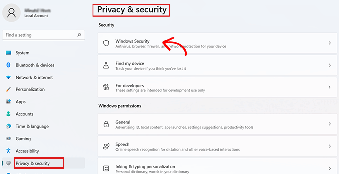 Gehen Sie zu Datenschutz und Sicherheit und wählen Sie Windows-Sicherheit