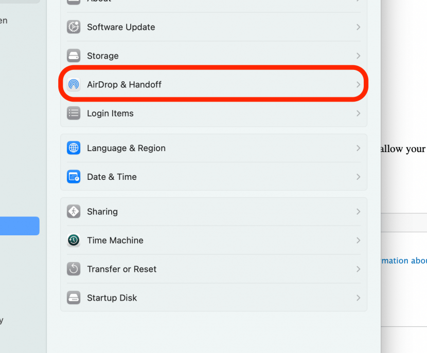 Klicken Sie auf Airdrop & Handoff, um das iPhone vom MacBook zu trennen