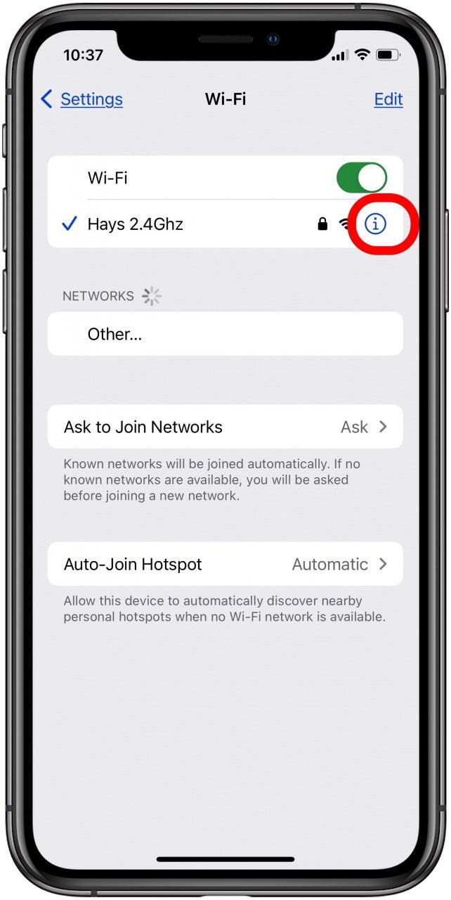 Tippen Sie auf das Info-Symbol neben dem iPhone-WLAN-Netzwerk