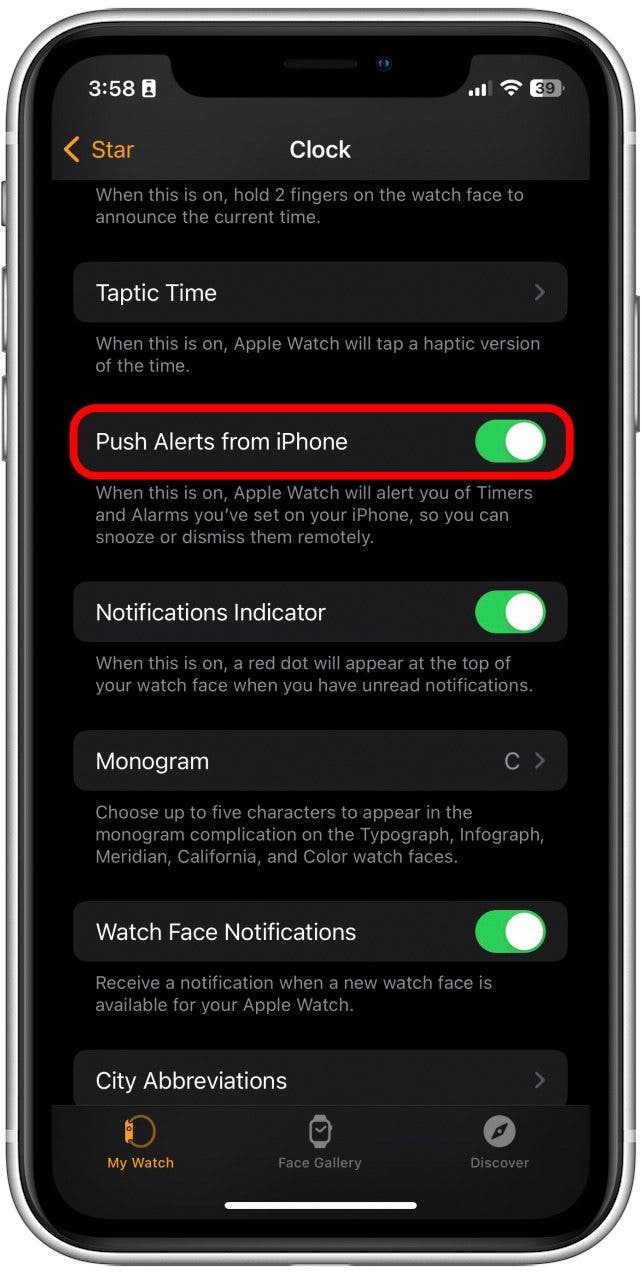 Schalten Sie dann Push-Benachrichtigungen vom iPhone ein.  Es ist grün, wenn es aktiviert ist.
