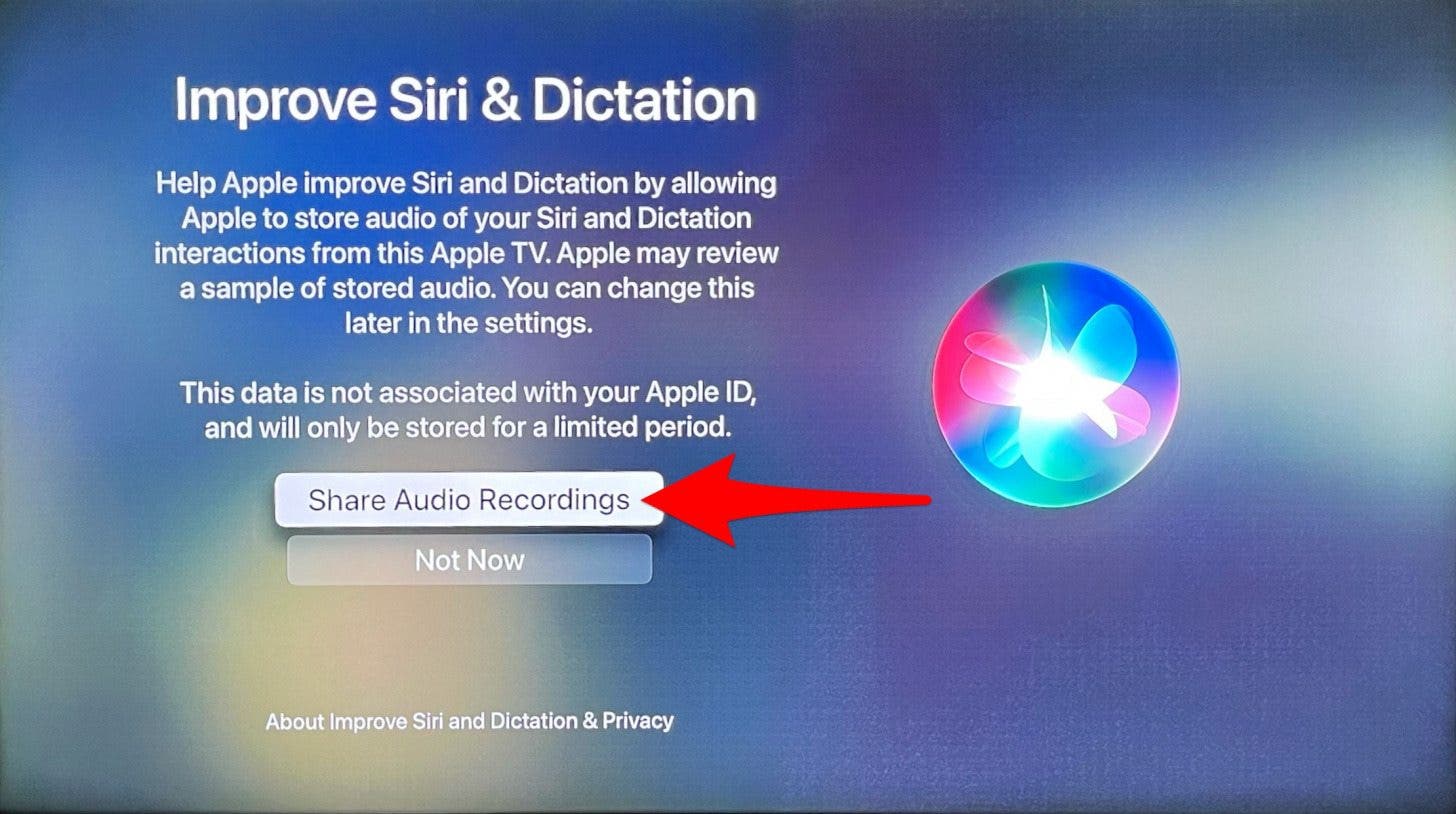 Schließlich können Sie helfen, Siri und Diktat zu verbessern, indem Sie auf Audioaufnahmen teilen klicken.