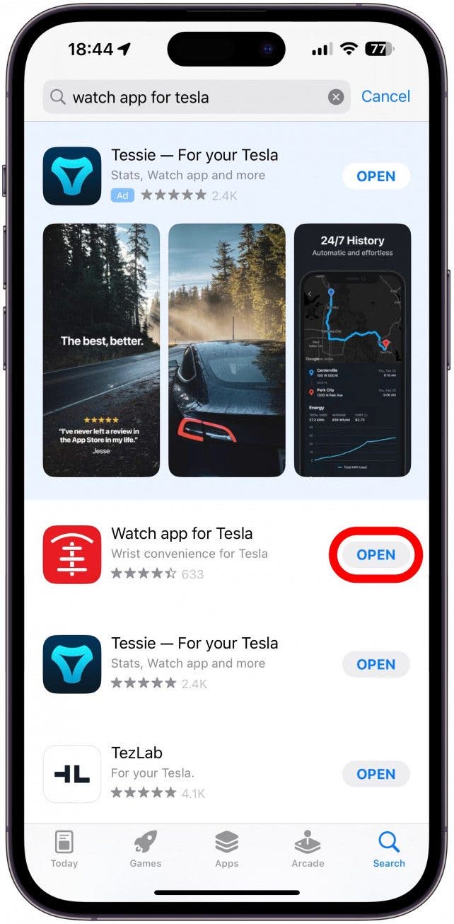 Laden Sie die Watch-App für Tesla aus dem App Store auf Ihr iPhone herunter und öffnen Sie sie.