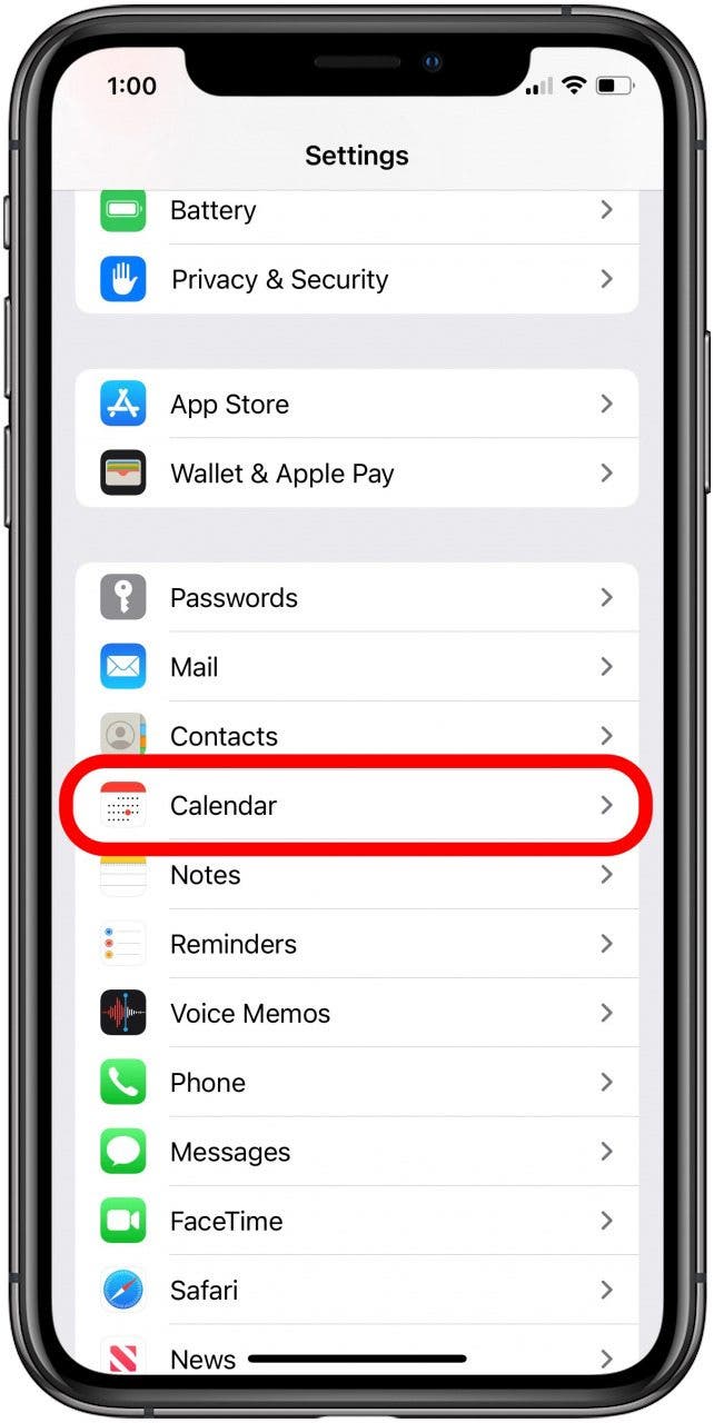 Kalendereinstellungen in der iPhone-Einstellungs-App