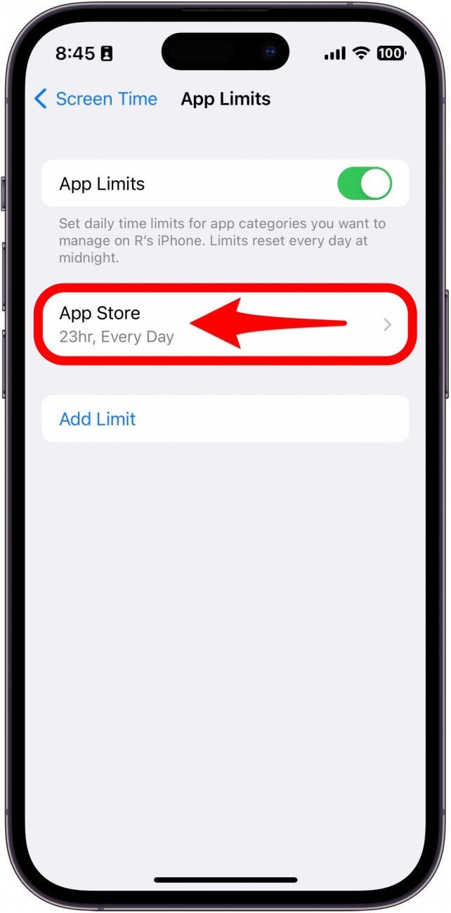 Wenn Sie ein App-Limit für den App Store sehen, wischen Sie darauf nach links.