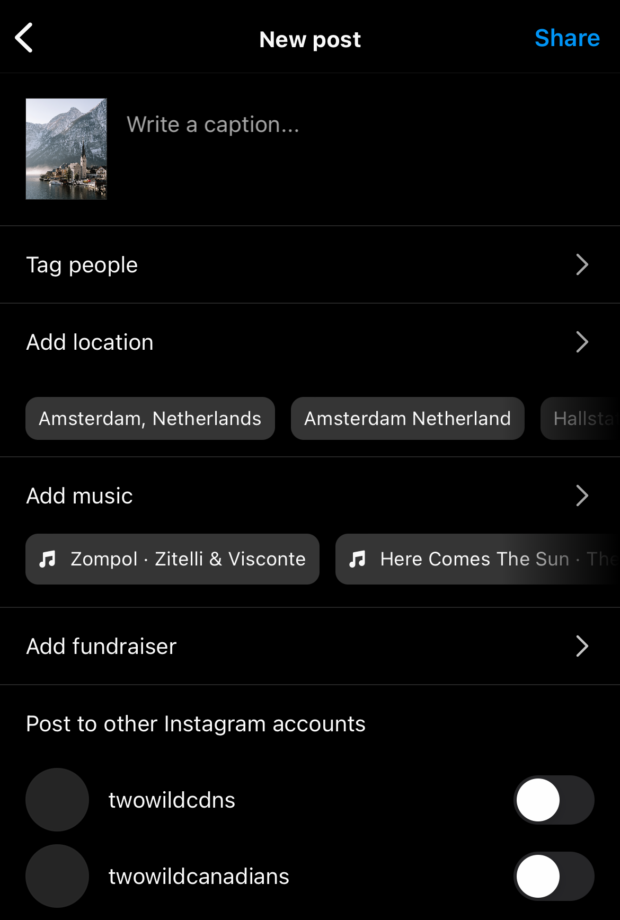 Nachdem Sie ein Foto zu Instagram hinzugefügt haben, können Sie auf dem nächsten Bildschirm eine Bildunterschrift schreiben und einen Ort hinzufügen.  Dies ist der Bildschirm, den Sie verwenden, um Musik zu Ihrem Instagram-Post hinzuzufügen.