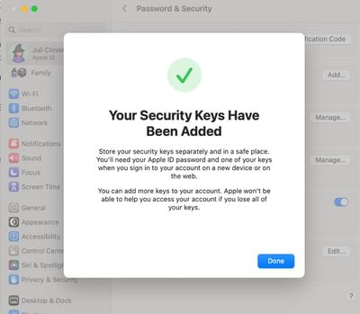 Apple Sicherheitsschlüssel hinzugefügt mac
