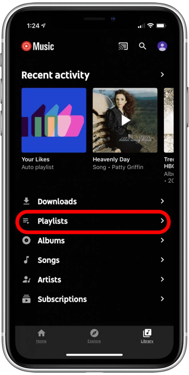 Wählen Sie die Playlist-Ansicht in Ihrer YouTube Music App.
