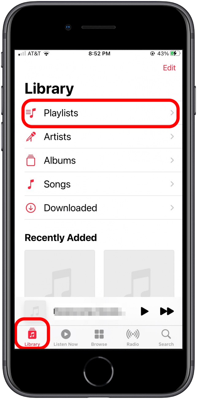 Wählen Sie in der Apple Music-App die Ansicht Bibliothek und Wiedergabelisten aus.