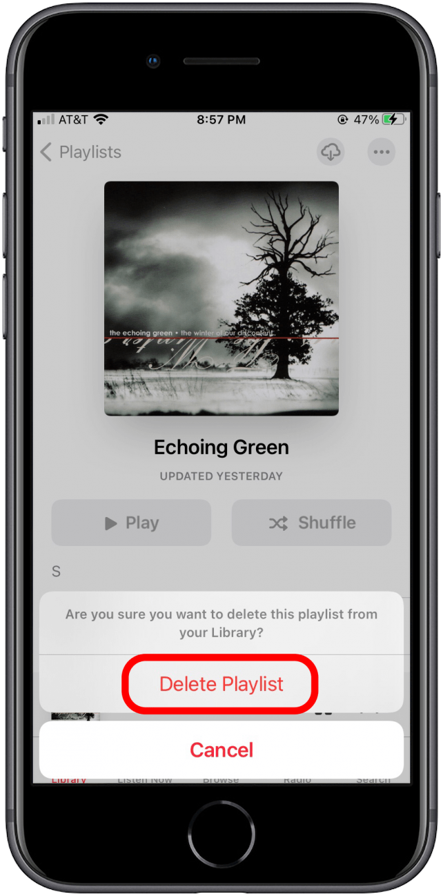 Tippen Sie auf Playlist löschen, um das Entfernen aus Apple Music zu bestätigen