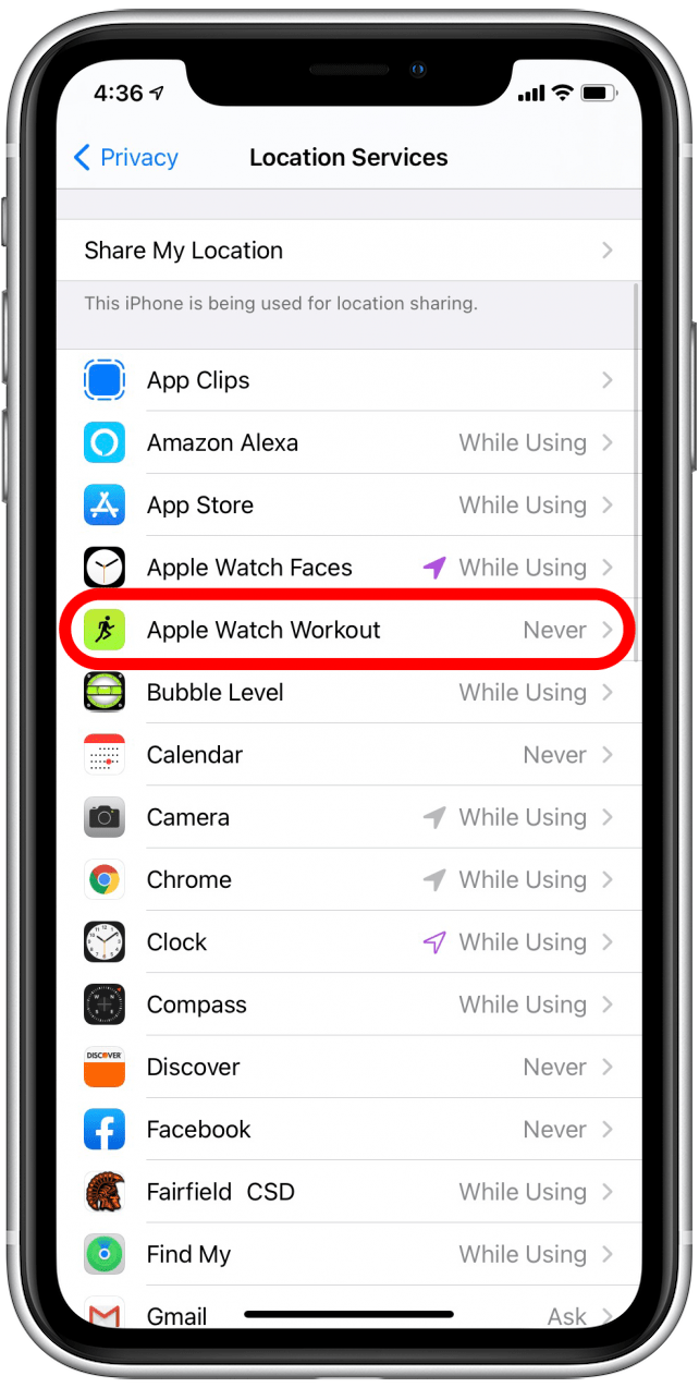 Tippen Sie in der Liste unter dem Standortdienst-Schalter auf Apple Watch Workout