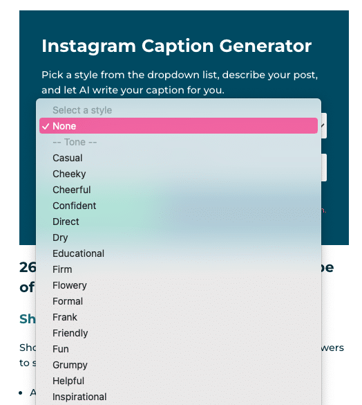 Dropdown-Liste mit Stiloptionen für den Instagram-Untertitelgenerator