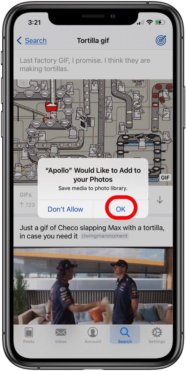 Tippen Sie auf OK, um Apollo zu erlauben, GIFs zur Foto-App hinzuzufügen