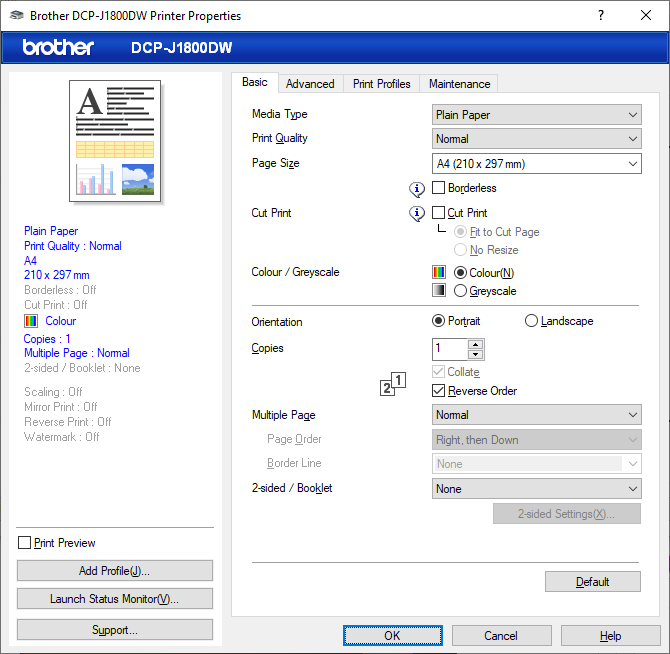 Ein Screenshot der Brother DCP-J1800DW-Software