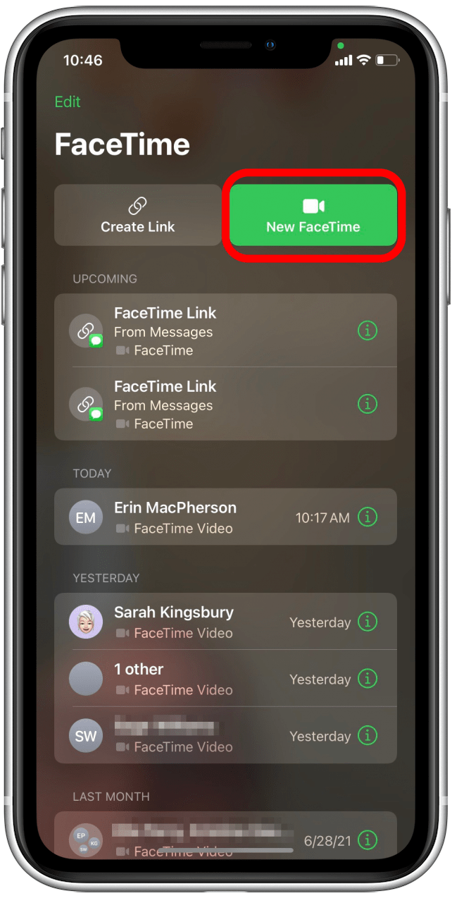 Tippen Sie auf „Neues FaceTime – Bildschirmfreigabe auf dem iPhone“.	