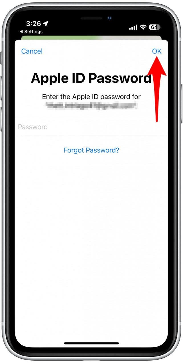 Tippen Sie auf OK, nachdem Sie Ihr Apple-ID-Passwort eingegeben haben.