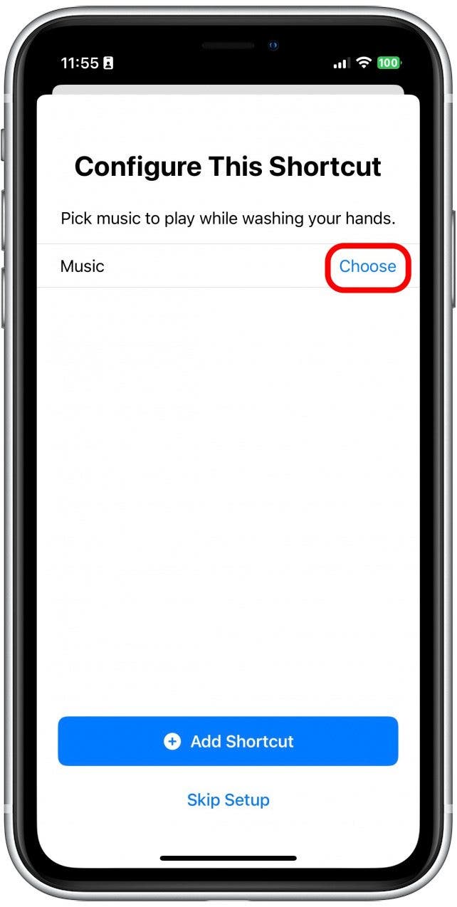 Tippen Sie auf „Auswählen“, um einen Titel von Apple Music auszuwählen.  Denken Sie daran, dass automatisch die ersten zwanzig Sekunden eines Songs ausgewählt werden.