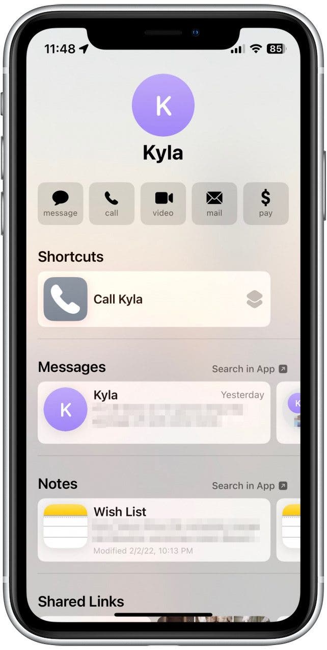 Screenshot der iPhone-Kontaktkarte