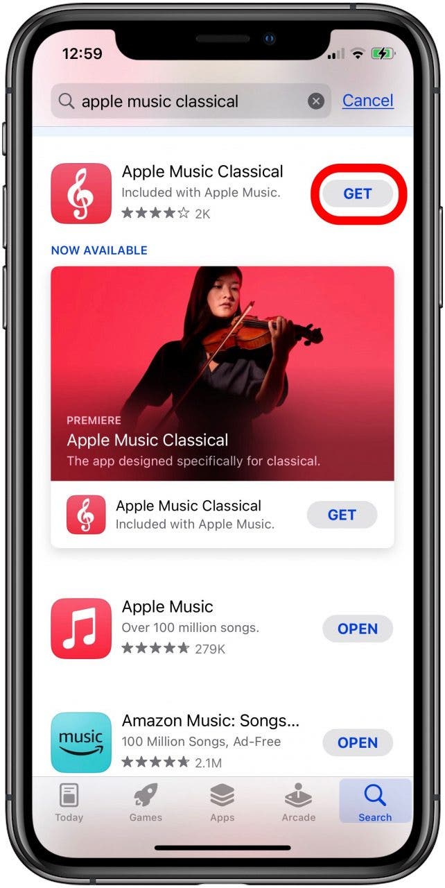 Tippen Sie auf Get, um die Apple Music Classic App herunterzuladen