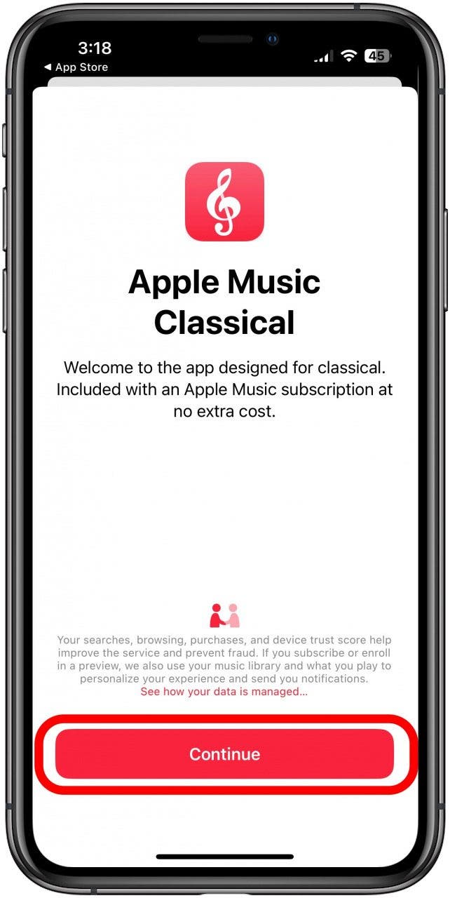 Tippen Sie auf Weiter, um die Apple Music Classic App zu öffnen
