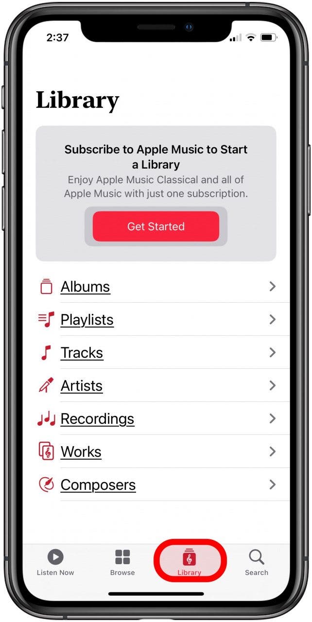 Apple Music Klassik-App-Bibliothek-Registerkarte