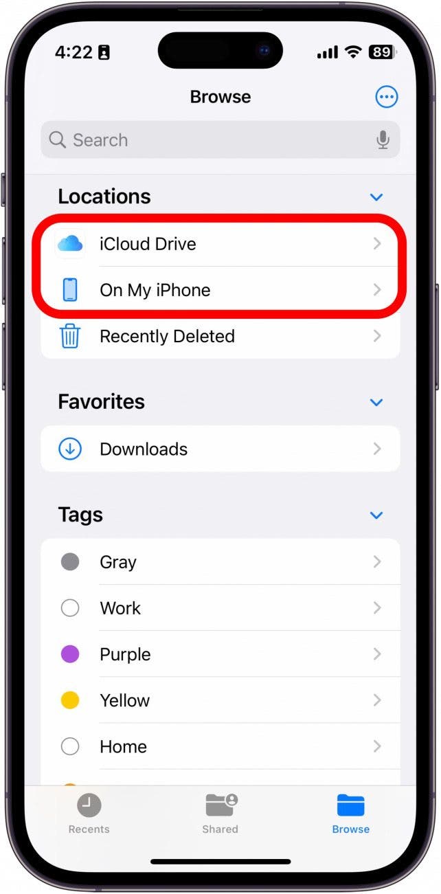 Je nachdem, wo Sie die App „Dateien“ zuletzt verlassen haben, können Sie auf „iCloud Drive“ oder „Auf meinem iPhone“ tippen.