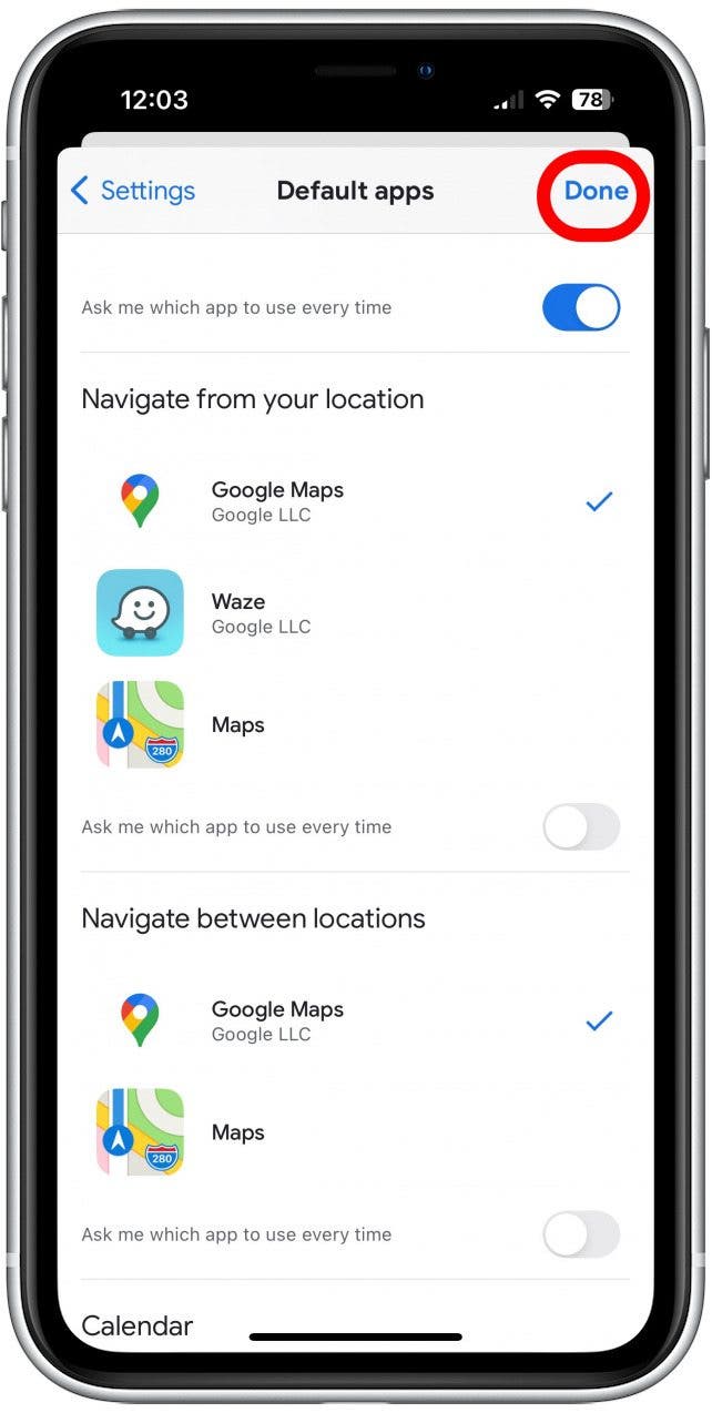 Tippen Sie auf Fertig, um Google Maps auf dem iPhone als Standard festzulegen