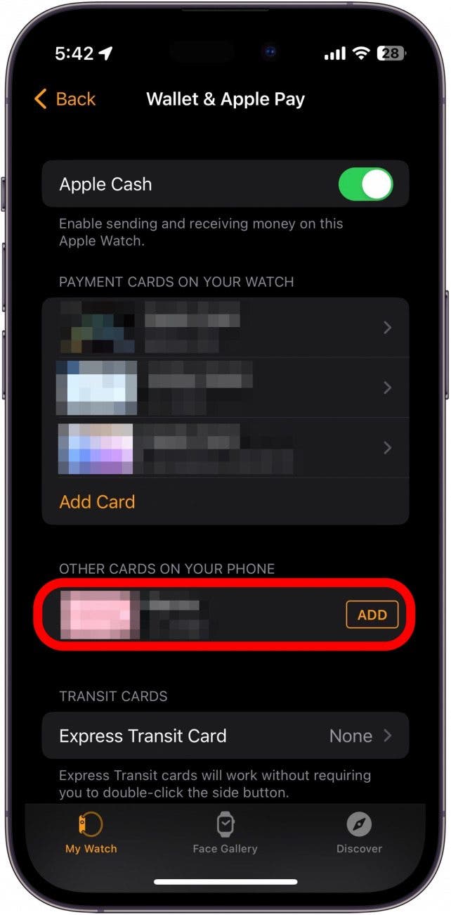 Wenn auf Ihrem iPhone Karten vorhanden sind, die Sie auf Ihrer Apple Watch verwenden möchten, tippen Sie rechts neben der Karte auf „Hinzufügen“.