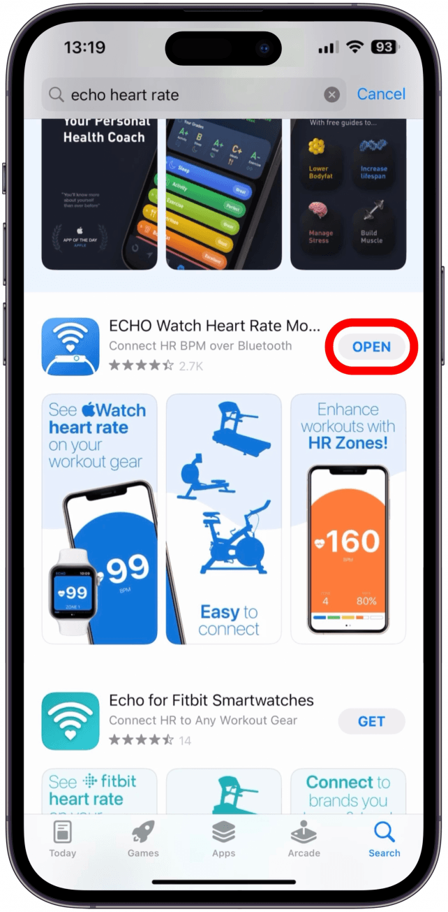 Laden Sie die App „ECHO Watch Heart Rate Monitor“ (kostenlos mit Upgrade-Optionen) herunter und öffnen Sie sie.