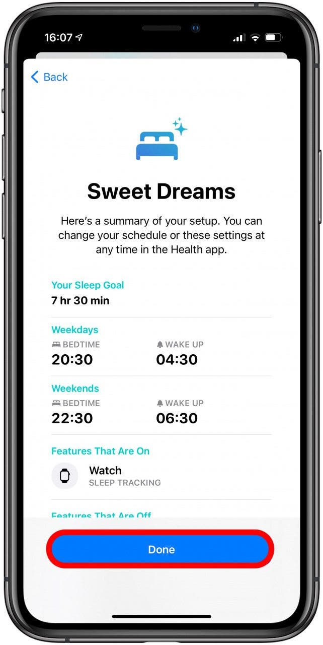 Tippen Sie auf „Aktivieren“, um den Schlaf mit der Apple Watch zu verfolgen, und tippen Sie dann auf „Fertig“.