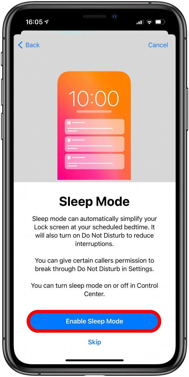 Tippen Sie auf „Schlafmodus aktivieren“, um „Bitte nicht stören“ zur geplanten Schlafenszeit automatisch zu aktivieren. 