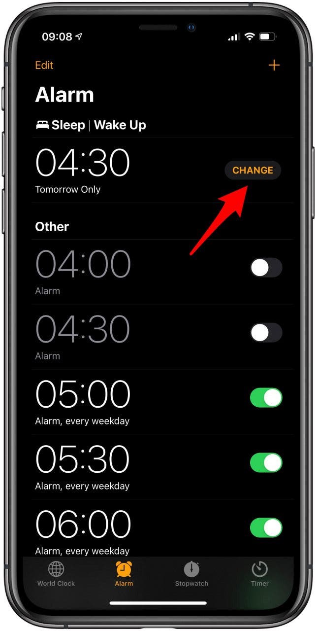 Öffnen Sie die Uhr-App und tippen Sie unter „Ruhezustand |“ auf „Ändern“.  Aufwachen.