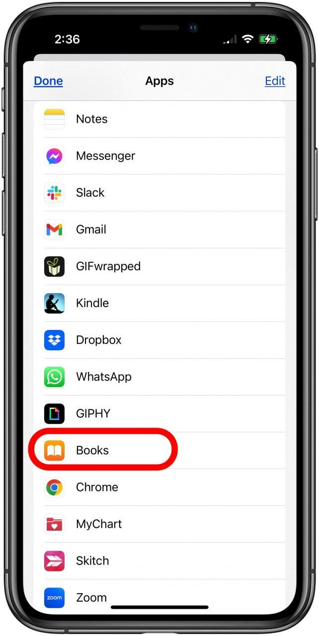 Tippen Sie auf „Bücher“, um PDFs auf dem iPhone zu erstellen