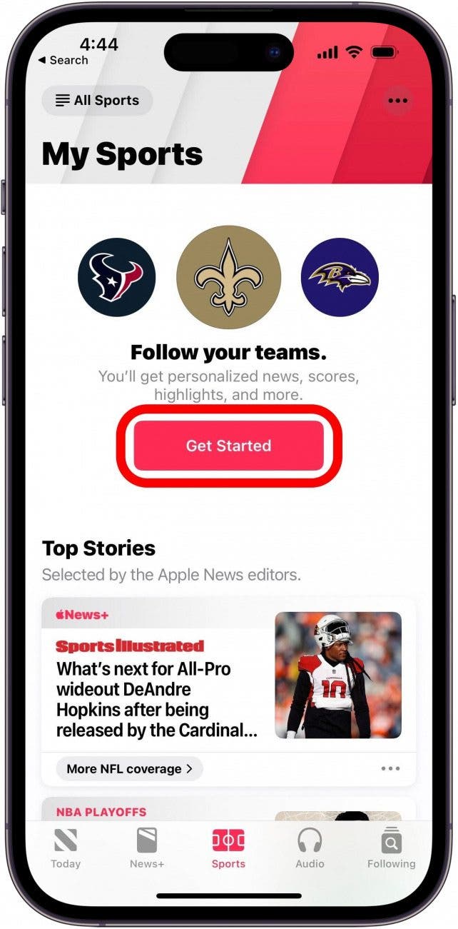 Wenn Sie Ihren Apple News Sports-Feed noch nicht eingerichtet haben, können Sie dazu auf „Erste Schritte“ tippen.