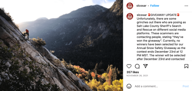 Warnung vor betrügerischen Instagram-Konten von Salt Lake County Search and Rescue
