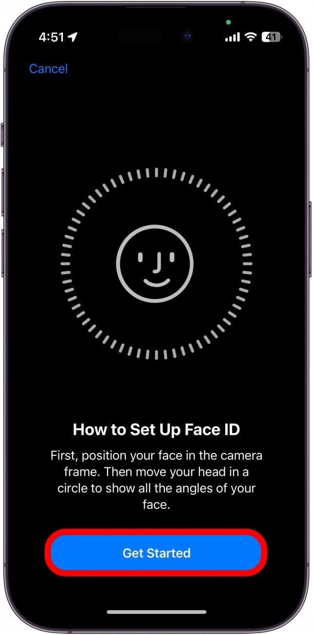 Tippen Sie auf „Erste Schritte“ und Ihr iPhone beginnt mit dem Scannen Ihres Gesichts.