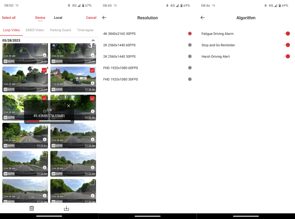Miofive 4K UHD Dashcam-App mit aufgezeichneten Videos