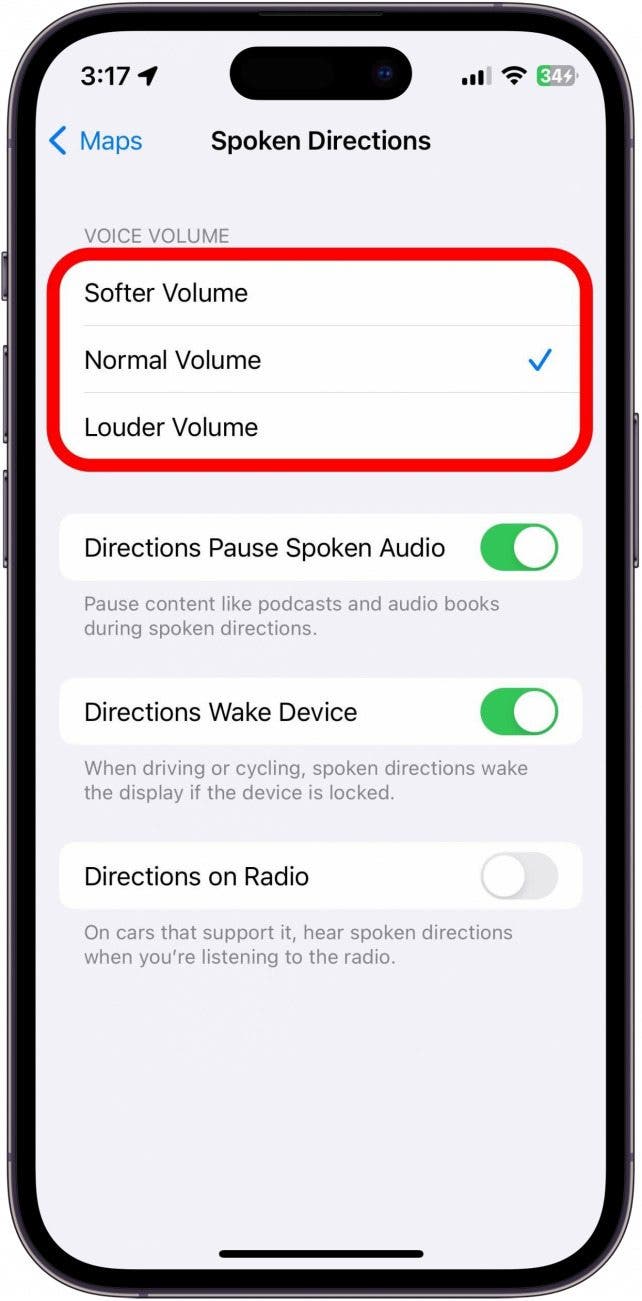 Apple Maps Spoken Directions-Einstellungen mit umrissenen Optionen für die Sprachlautstärke