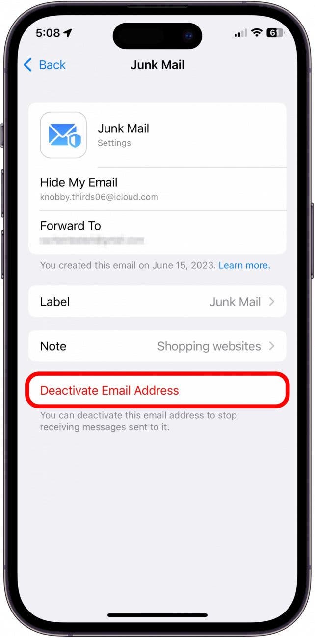 Tippen Sie auf E-Mail-Adresse deaktivieren.